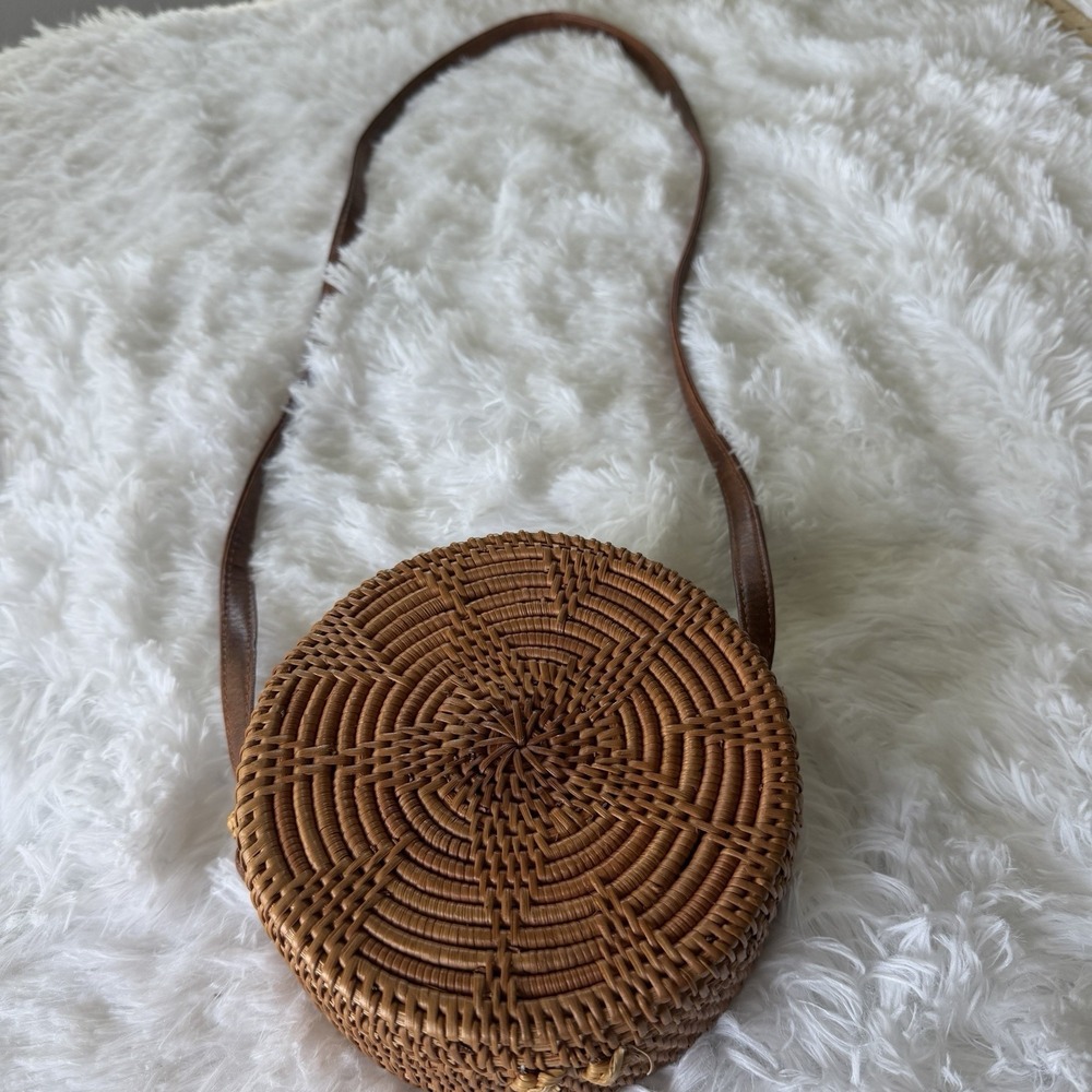 Round Rattan Crossbody Bag Boho Woven Straw Bali Style Natural Summer Purse